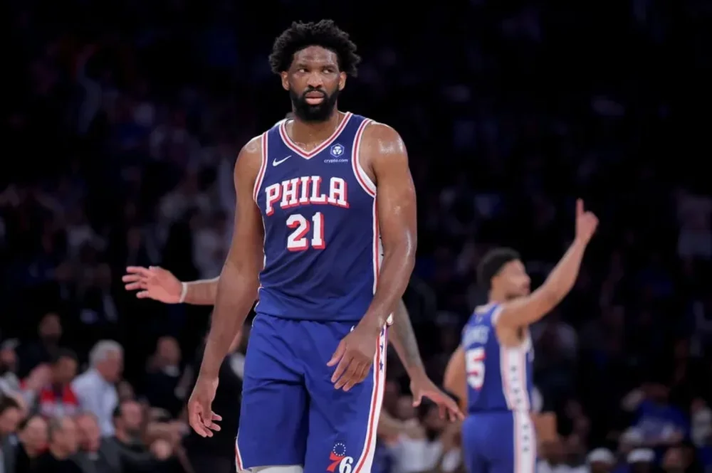 May 4, 2026; New York, New York, USA; Philadelphia 76ers center Joel Embiid (21) reacts during the first quarter of game one of the eastern conference semifinal round of the 2026 NBA Playoffs against the New York Knicks at Madison Square Garden. Mandatory Credit: Brad Penner-Imagn Images