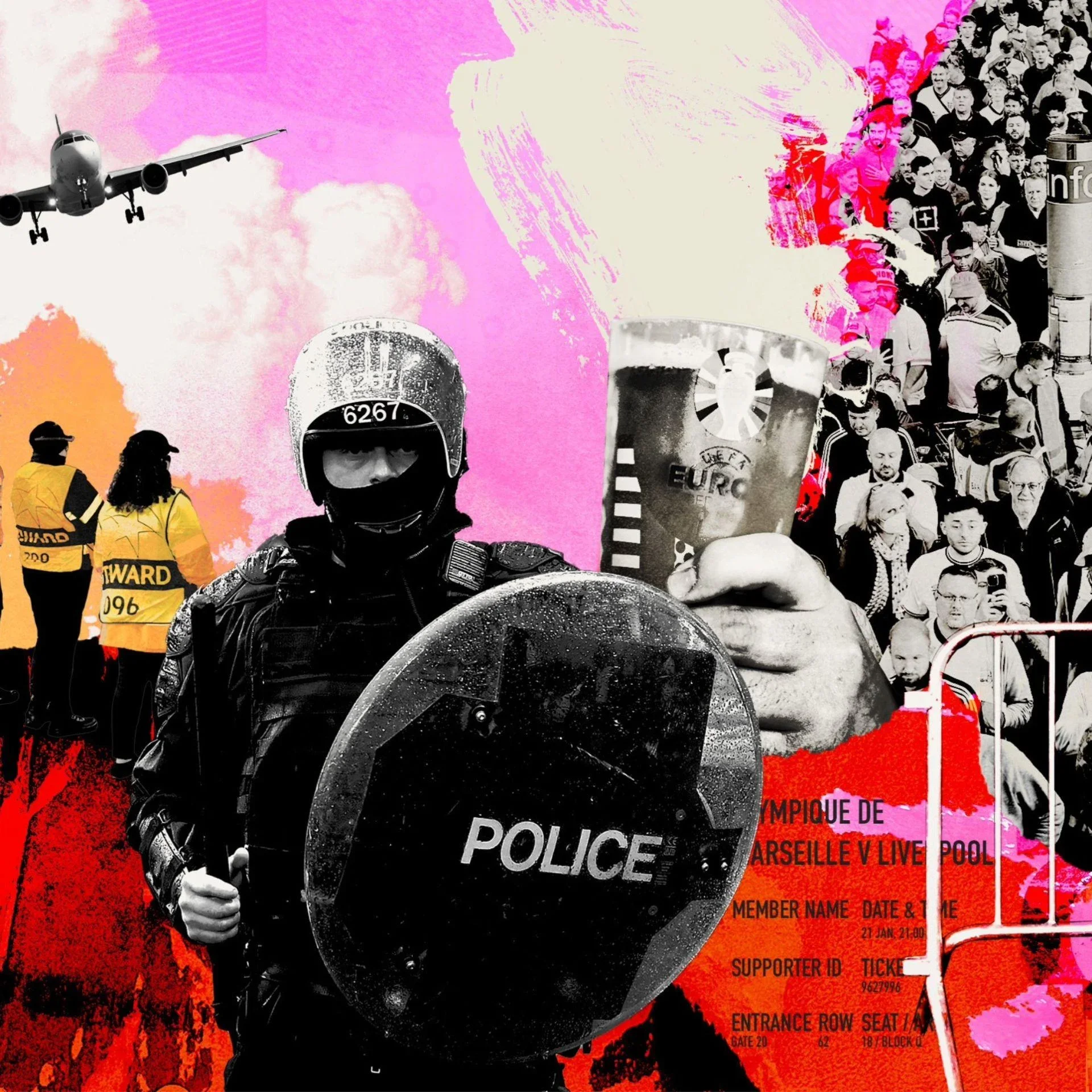 An illustration showing riot police officers, stewards, and fans outside football matches